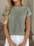 Striped Knit Sweater Crew Neck Short Sleeve Top