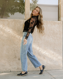 Black Mock Neck Floral Lace Mesh Long Sleeve Top - Black