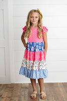 Kids Ava Hot Pink Blue Floral Tiered Ruffles Spring Dress