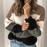 Women's Color Block Crewneck Long Sleeve Knit Sweater