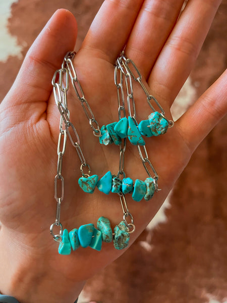 Western Turquoise Chip Bar Necklace Paperclip Chain