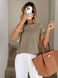 Striped Knit Sweater Crew Neck Short Sleeve Top