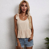 Loose Fit U-Neck Tie Cotton Linen Tank Top