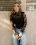 Black Mock Neck Floral Lace Mesh Long Sleeve Top - Black