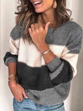 Women's Color Block Crewneck Long Sleeve Knit Sweater