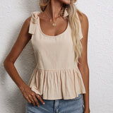 Loose Fit U-Neck Tie Cotton Linen Tank Top