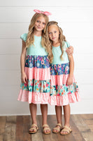 Girls Ava Coral Mint Floral Tiered Spring Easter Dress