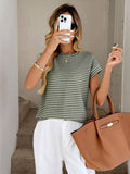 Striped Knit Sweater Crew Neck Short Sleeve Top