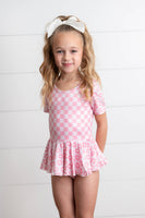 Kids Pinky Check Flower Skirted Dance Gymnastics Leotard