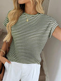 Striped Knit Sweater Crew Neck Short Sleeve Top