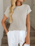 Striped Knit Sweater Crew Neck Short Sleeve Top