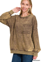 Acid Wash Raw Edge Front Pocket Pullover