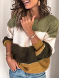 Women's Color Block Crewneck Long Sleeve Knit Sweater