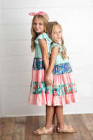 Girls Ava Coral Mint Floral Tiered Spring Easter Dress