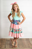 Girls Ava Coral Mint Floral Tiered Spring Easter Dress