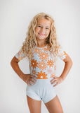 Kids Gray Retro Flower Dance Tumble Gymnastics Leotard