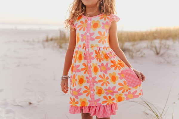 Girls Pink & Tangerine Retro Flower Check Pocket Dress