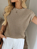 Striped Knit Sweater Crew Neck Short Sleeve Top