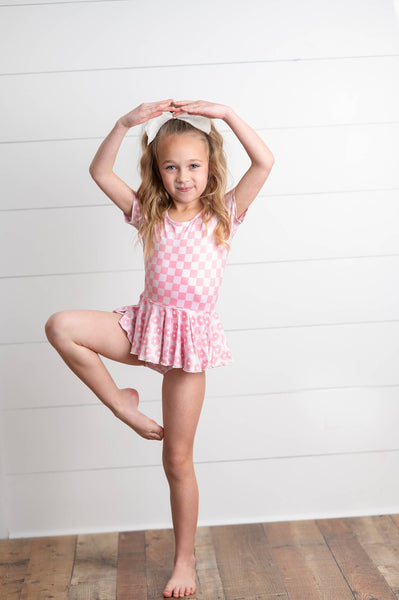 Kids Pinky Check Flower Skirted Dance Gymnastics Leotard