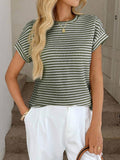 Striped Knit Sweater Crew Neck Short Sleeve Top