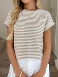 Striped Knit Sweater Crew Neck Short Sleeve Top