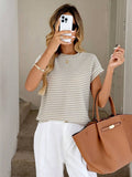 Striped Knit Sweater Crew Neck Short Sleeve Top