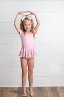 Kids Pinky Check Flower Skirted Dance Gymnastics Leotard