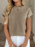 Striped Knit Sweater Crew Neck Short Sleeve Top